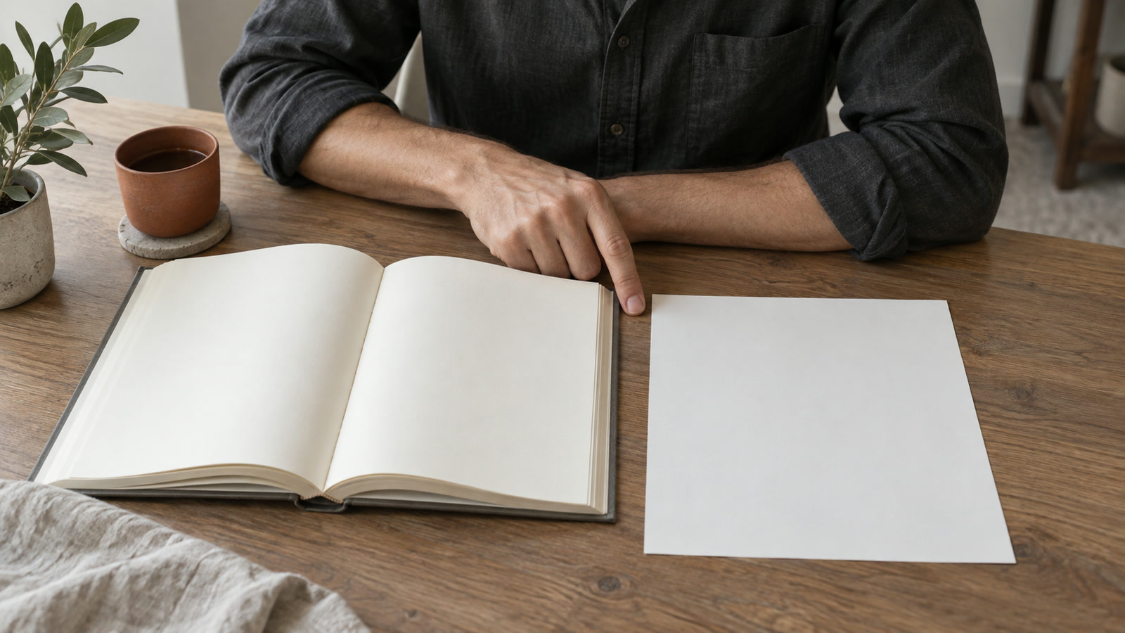 Рука специалиста отмечает границу между открытой книгой и чистым листом заметки
